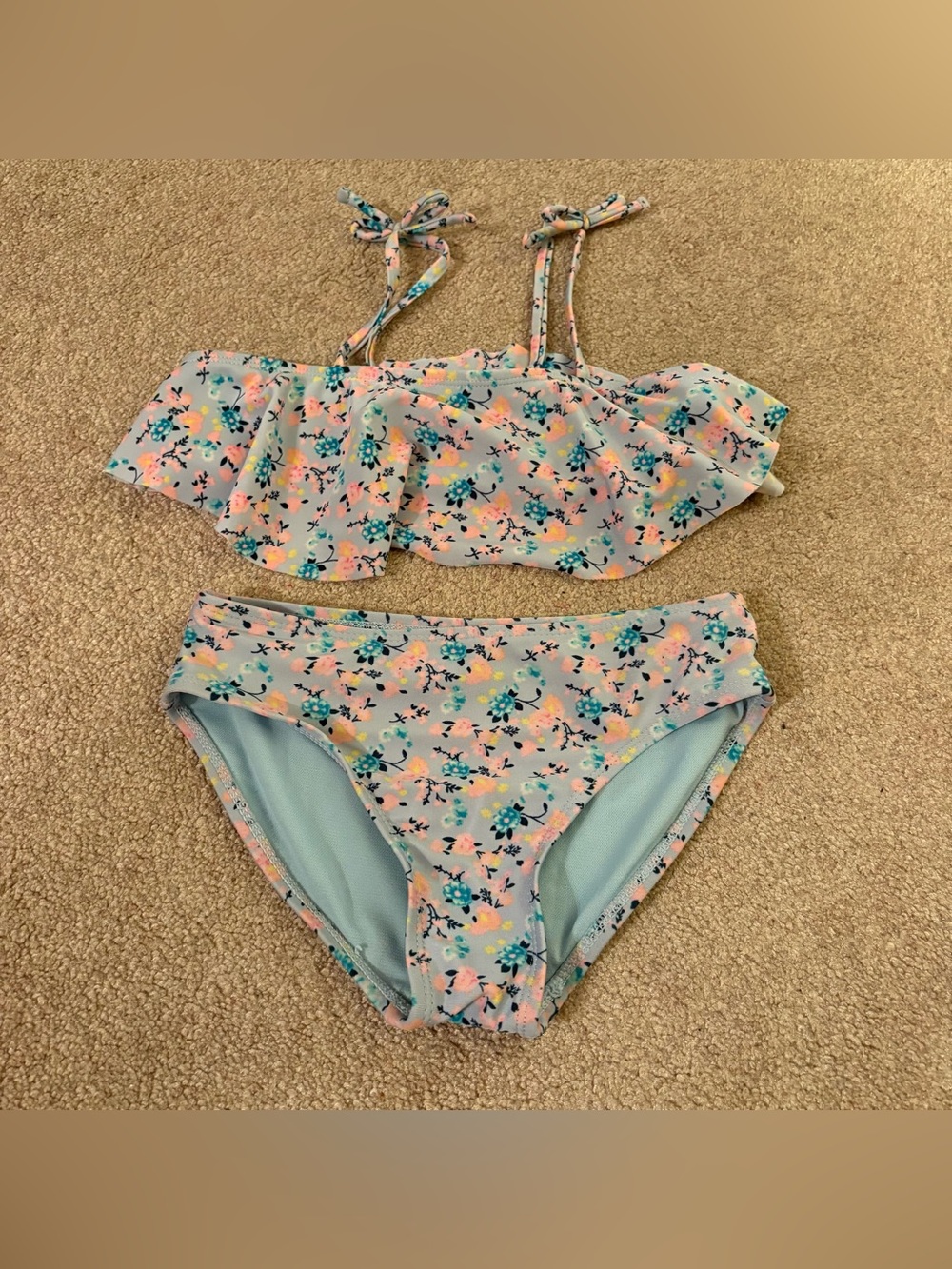 art class Pastel Blue Floral Ruffle Two-Piece Swim Set medium 7/8